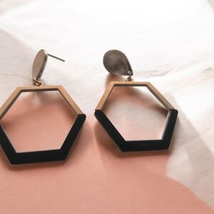 Hexagonal Black and Gold Earrings
